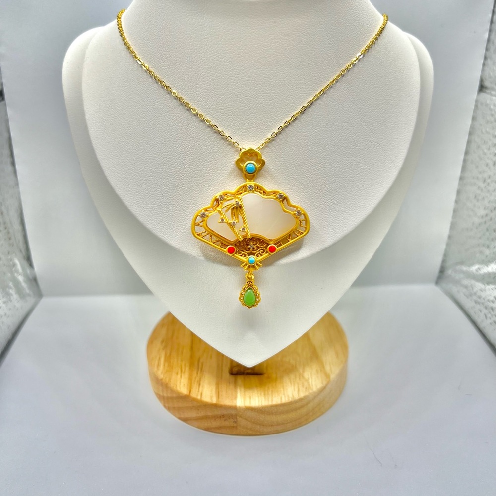 Chinese Style Fan White Jade Gold Chain Necklace